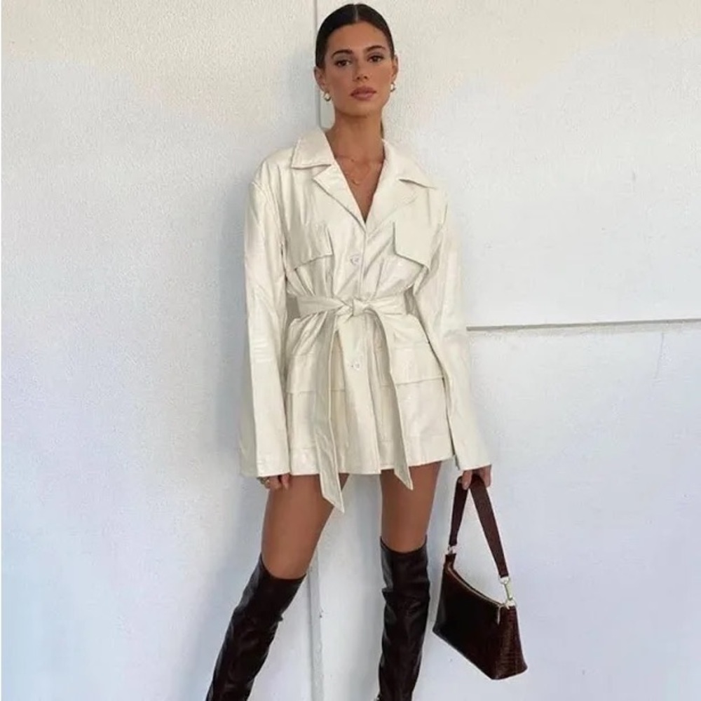 Lioness Cream Faux Patent Leather Blazer Dress